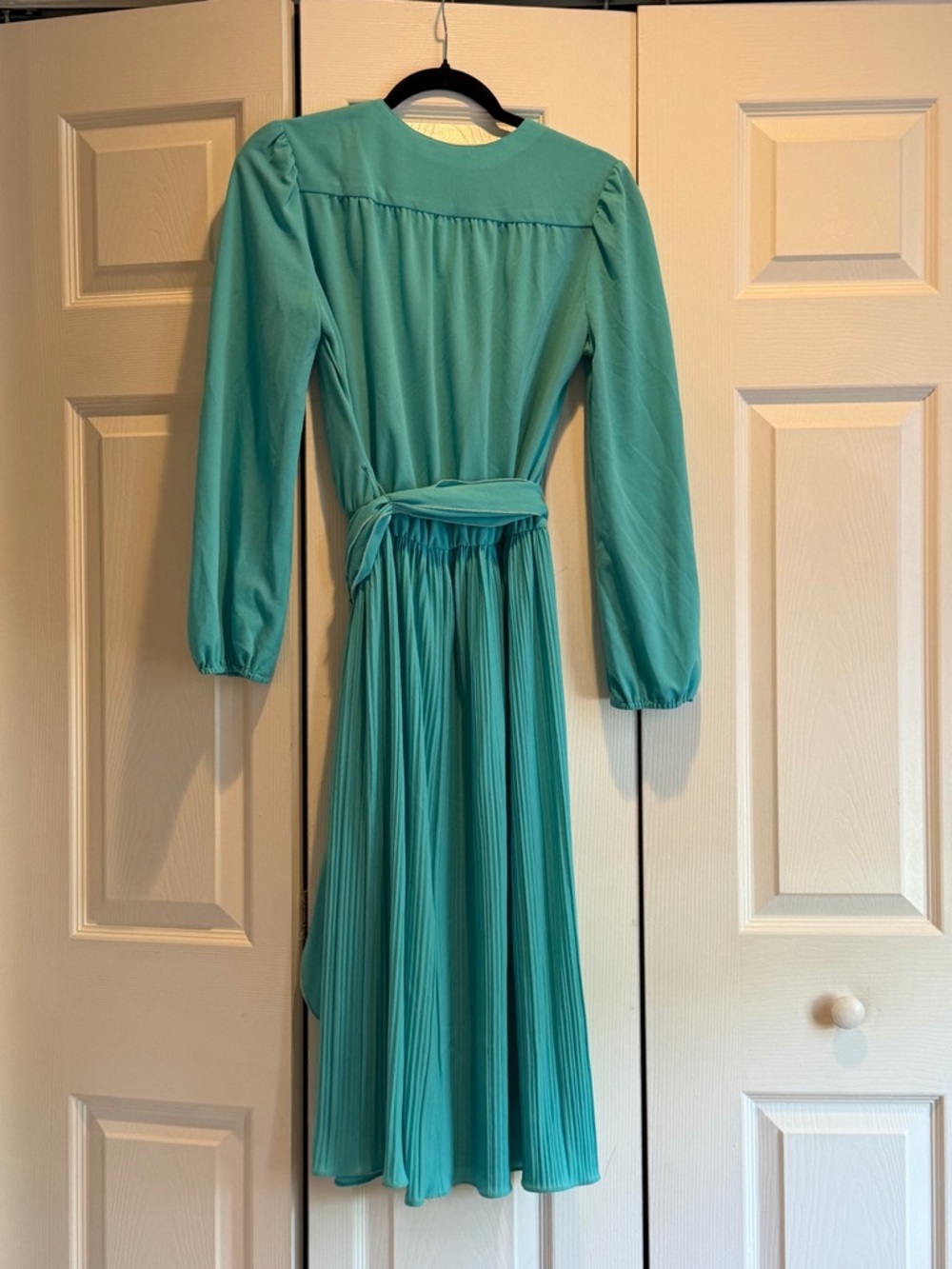 Vintage 70s 80s Teal Pleated Midi Dress Wrap Style Long Sleeve Belted - Picture 2 of 2